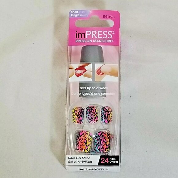 KISS IMPRESS * COLORFUL LEOPARD PRINT * 59896 short press on pink rainbow gel - Picture 1 of 1